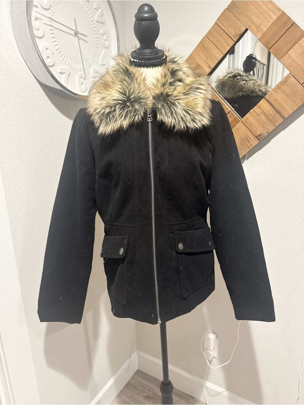 Maralyn & Me Black Pea Coat with Faux Fur Trim